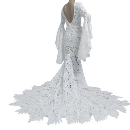 Mermaid Bohemian Lace Wedding Dresses Long Flare Sleeves VW2218-wedding dresses 2025 -Viniodress-Ivory-Custom Size-