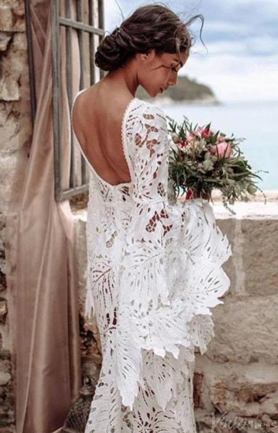 Mermaid Bohemian Lace Wedding Dresses Long Flare Sleeves VW2218-wedding dresses 2025 -Viniodress-Ivory-Custom Size-