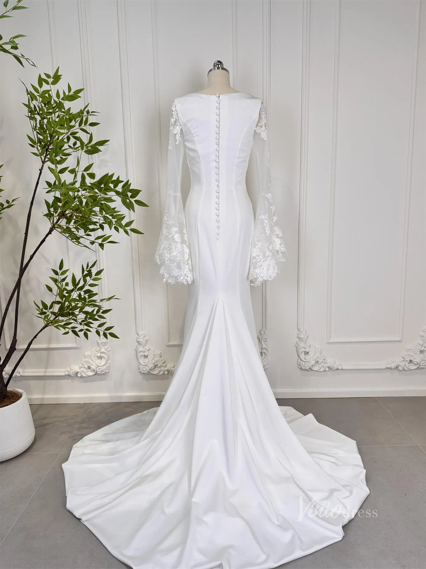 Mermaid Boho Wedding Dresses Long Lace Flare Sleeves,Square Neck 80011-wedding dresses 2025 -Viniodress-Ivory-Custom Size-23in/60cm