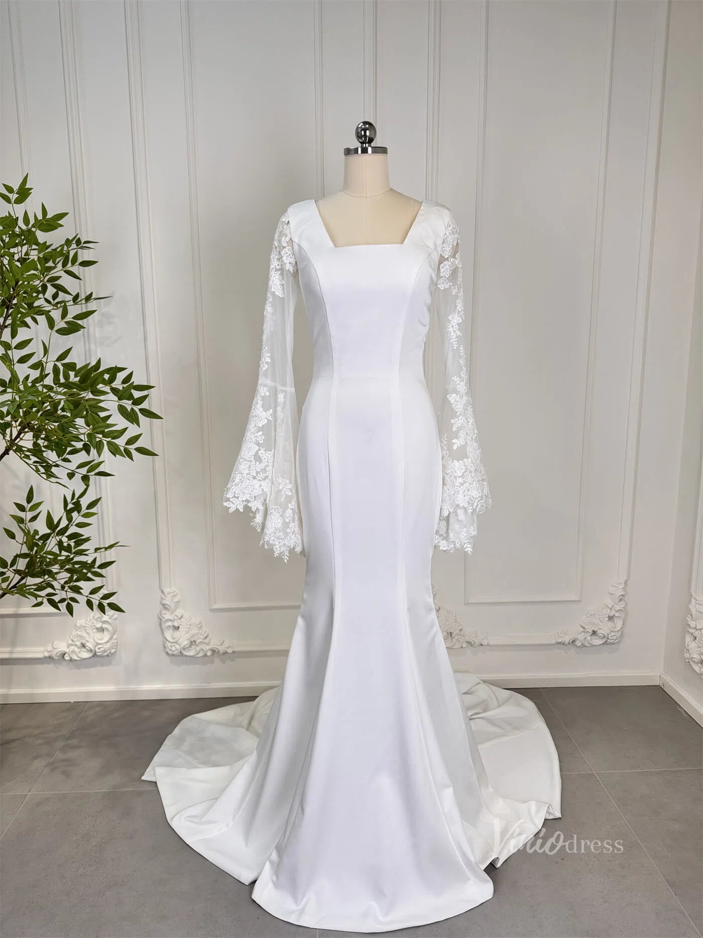 Mermaid Boho Wedding Dresses Long Lace Flare Sleeves,Square Neck 80011-wedding dresses 2025 -Viniodress-Ivory-Custom Size-23in/60cm
