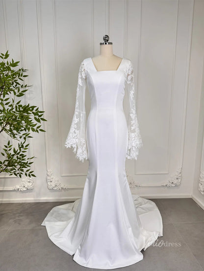 Mermaid Boho Wedding Dresses Long Lace Flare Sleeves,Square Neck 80011-wedding dresses 2025 -Viniodress-Ivory-Custom Size-23in/60cm
