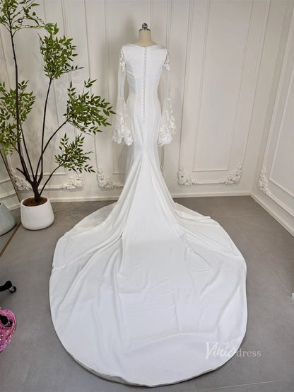 Mermaid Boho Wedding Dresses Long Lace Flare Sleeves,Square Neck 80011-wedding dresses 2025 -Viniodress-Ivory-Custom Size-23in/60cm
