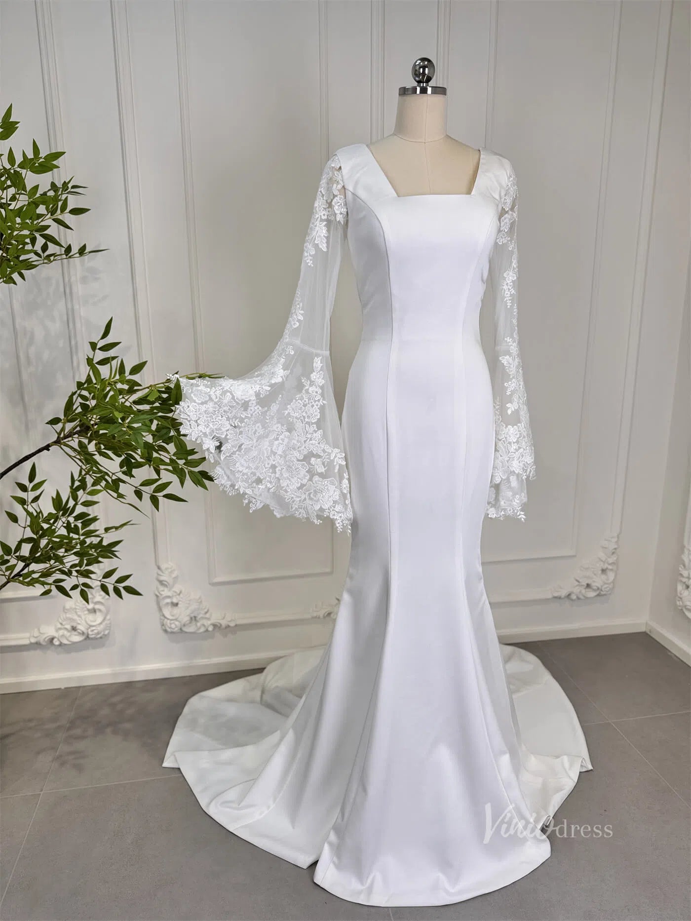 Mermaid Boho Wedding Dresses Long Lace Flare Sleeves,Square Neck 80011-wedding dresses 2025 -Viniodress-Ivory-Custom Size-23in/60cm
