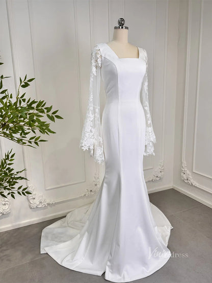 Mermaid Boho Wedding Dresses Long Lace Flare Sleeves,Square Neck 80011-wedding dresses 2025 -Viniodress-Ivory-Custom Size-23in/60cm