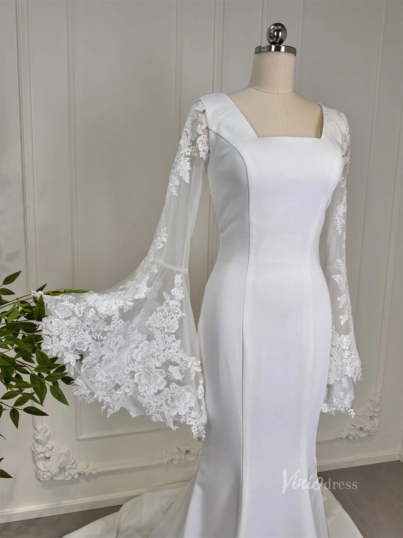 Mermaid Boho Wedding Dresses Long Lace Flare Sleeves,Square Neck 80011-wedding dresses 2025 -Viniodress-Ivory-Custom Size-23in/60cm