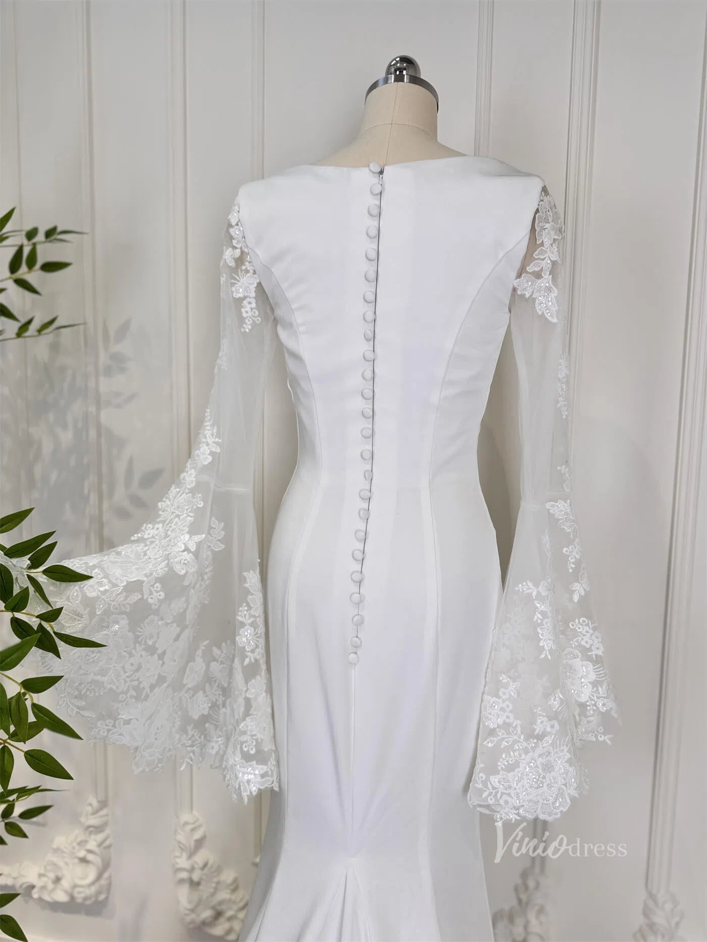 Mermaid Boho Wedding Dresses Long Lace Flare Sleeves,Square Neck 80011-wedding dresses 2025 -Viniodress-Ivory-Custom Size-23in/60cm