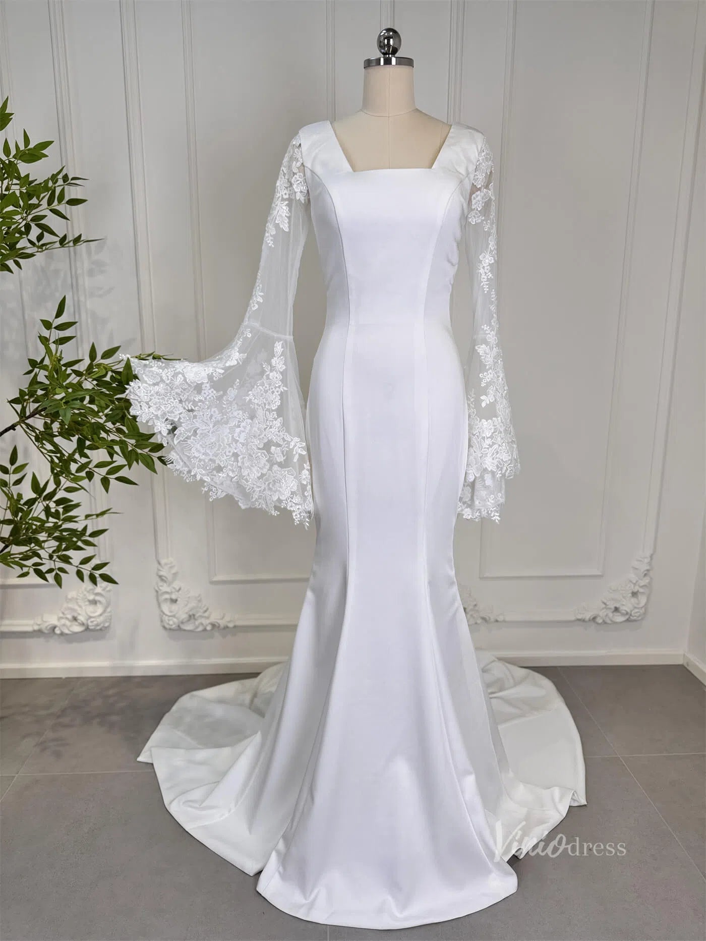 Mermaid Boho Wedding Dresses Long Lace Flare Sleeves,Square Neck 80011-wedding dresses 2025 -Viniodress-Ivory-Custom Size-23in/60cm