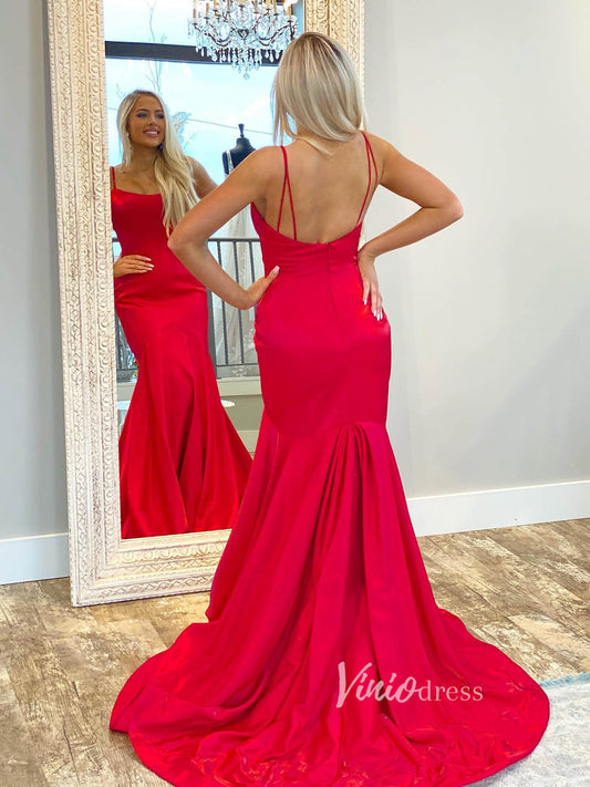 Mermaid Crimson Red Satin Prom Dresses Spaghetti Strap FD2725-prom dresses 2025 -Viniodress-Red-Custom Size-