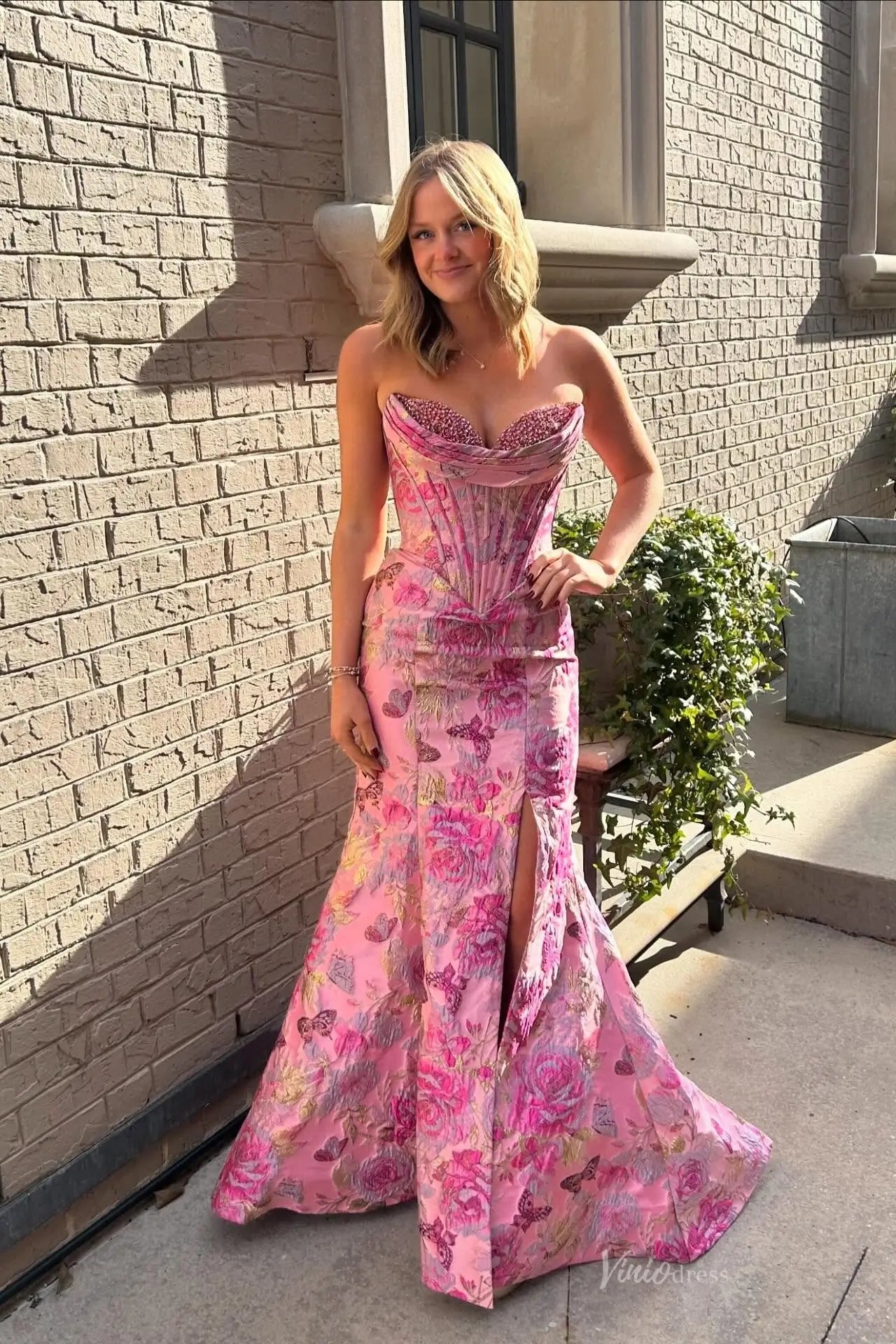 Lavender Floral Jacquard Corset Prom Dresses with Sweetheart Neckline and Slit JC008-prom dresses 2026-Viniodress-Lavender-Custom Size-