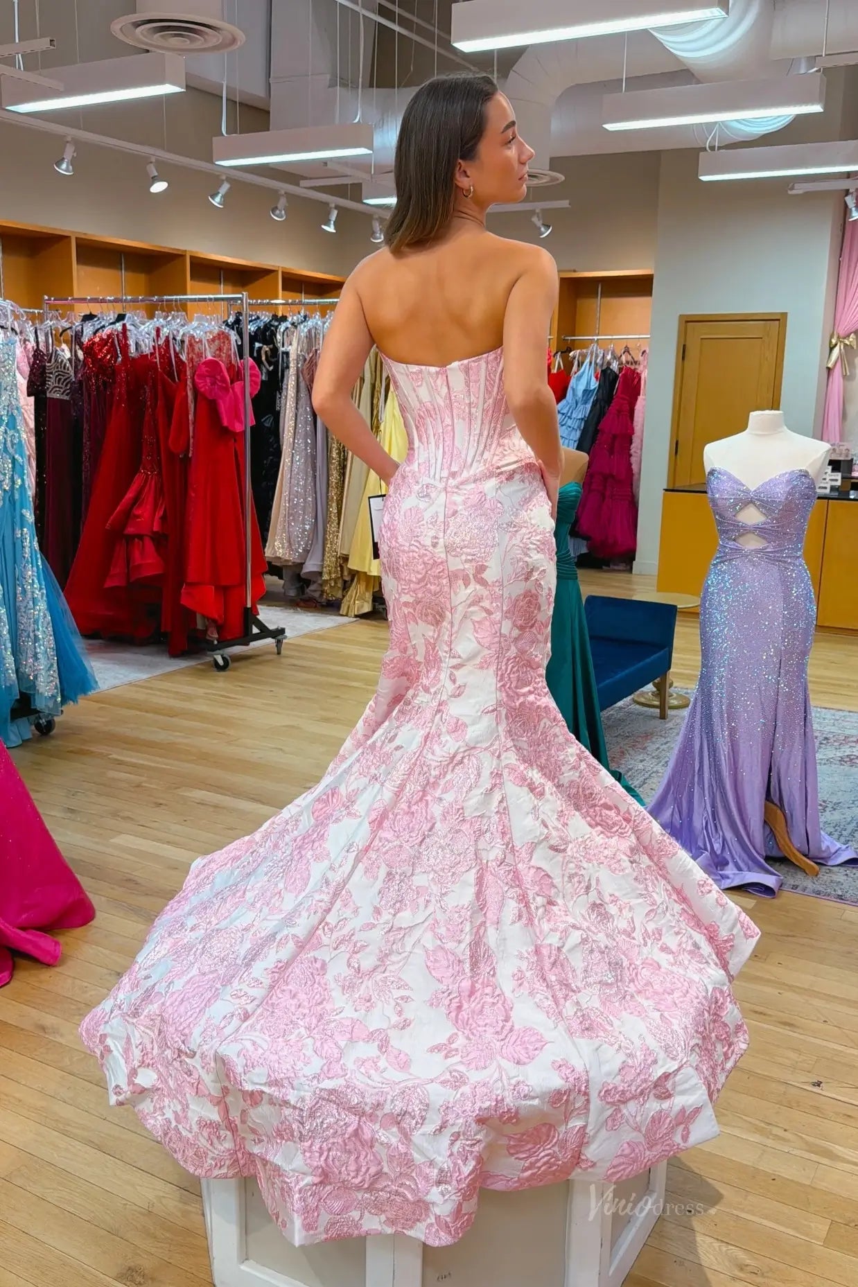 Mermaid Floral Jacquard Corset Prom Dresses with Sweetheart Neckline and Slit JC008-prom dresses 2026-Viniodress-Pink-Custom Size – Add Measurements in Cart-