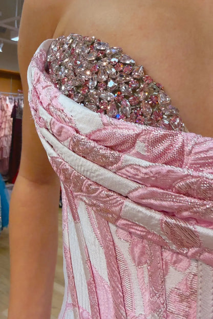 Mermaid Floral Jacquard Corset Prom Dresses with Sweetheart Neckline and Slit JC008-prom dresses 2026-Viniodress-Pink-Custom Size – Add Measurements in Cart-