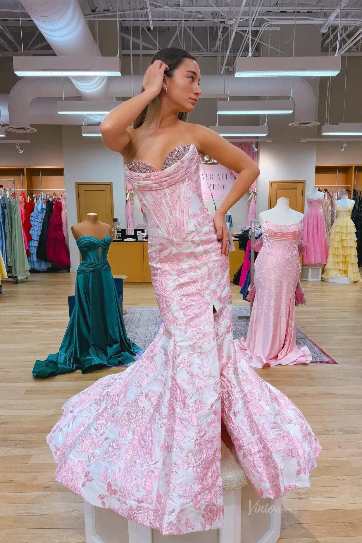 Mermaid Floral Jacquard Corset Prom Dresses with Sweetheart Neckline and Slit JC008-prom dresses 2026-Viniodress-Pink-Custom Size – Add Measurements in Cart-