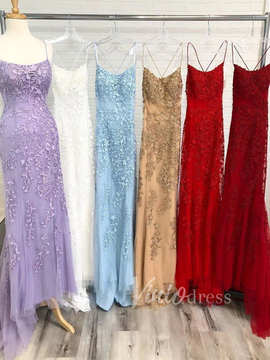 Mermaid Lace Long Prom Dresses Spaghetti Strap Backless Formal Dresses FD1250-prom dresses 2025 -Viniodress-Light Blue-Custom Size-