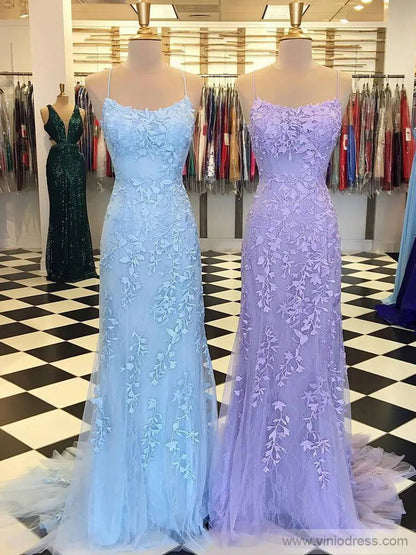 Mermaid Lace Long Prom Dresses Spaghetti Strap Backless Formal Dresses FD1250-prom dresses 2025 -Viniodress-Light Blue-Custom Size-
