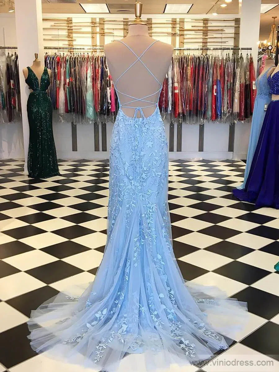 Mermaid Lace Long Prom Dresses Spaghetti Strap Backless Formal Dresses FD1250-prom dresses 2025 -Viniodress-Light Blue-Custom Size-