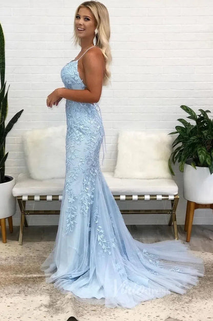 Mermaid Lace Long Prom Dresses Spaghetti Strap Backless Formal Dresses FD1250-prom dresses 2025 -Viniodress-Light Blue-Custom Size-
