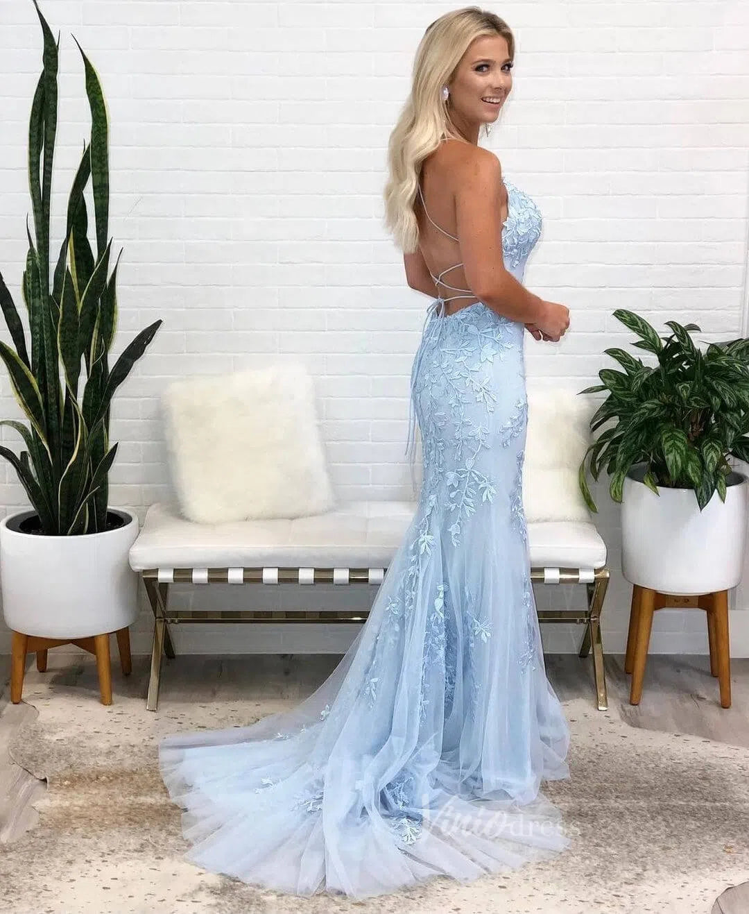 Mermaid Lace Long Prom Dresses Spaghetti Strap Backless Formal Dresses FD1250-prom dresses 2025 -Viniodress-Light Blue-Custom Size-