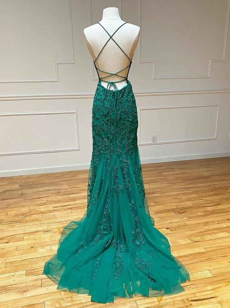 Mermaid Lace Long Prom Dresses Spaghetti Strap Backless Formal Dresses FD1250-prom dresses 2025 -Viniodress-Light Blue-Custom Size-