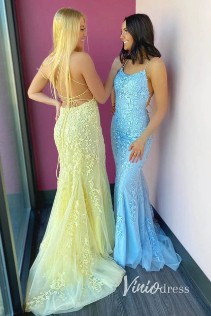 Mermaid Lace Long Prom Dresses Spaghetti Strap Backless Formal Dresses FD1250-prom dresses 2025 -Viniodress-Light Blue-Custom Size-