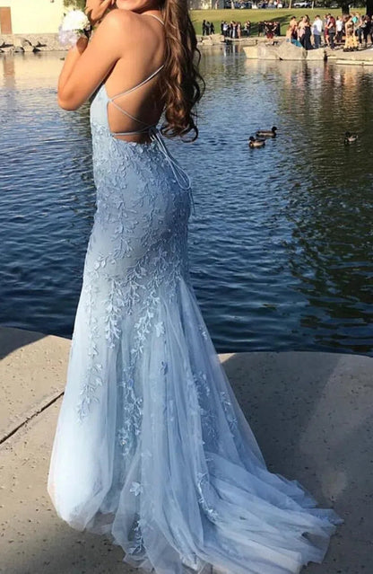 Mermaid Lace Long Prom Dresses Spaghetti Strap Backless Formal Dresses FD1250-prom dresses 2025 -Viniodress-Light Blue-Custom Size-