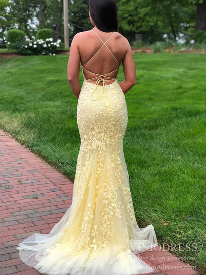 Mermaid Lace Long Prom Dresses Spaghetti Strap Backless Formal Dresses FD1250-prom dresses 2025 -Viniodress-Light Blue-Custom Size-