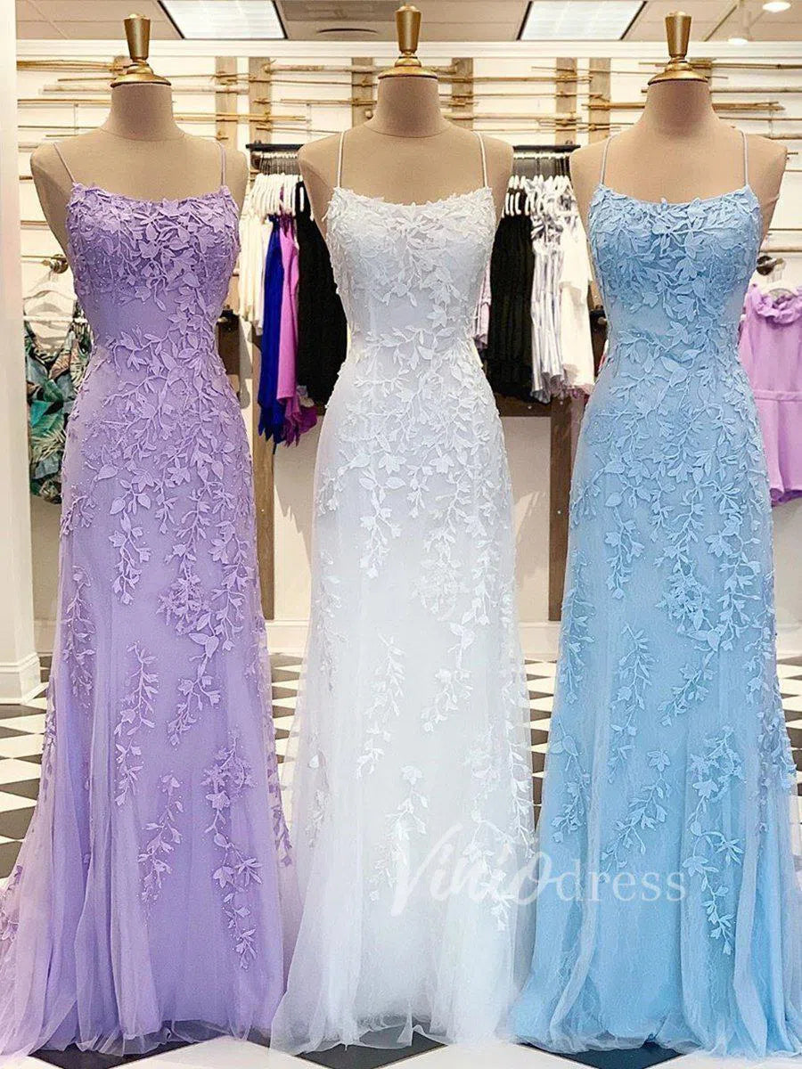 Mermaid Lace Long Prom Dresses Spaghetti Strap Backless Formal Dresses FD1250-prom dresses 2025 -Viniodress-Light Blue-Custom Size-