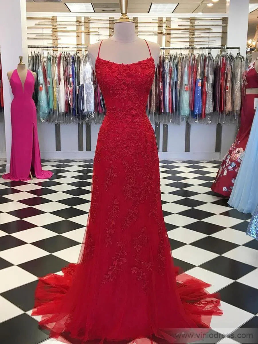 Mermaid Lace Long Prom Dresses Spaghetti Strap Backless Formal Dresses FD1250-prom dresses 2025 -Viniodress-Red-Custom Size-
