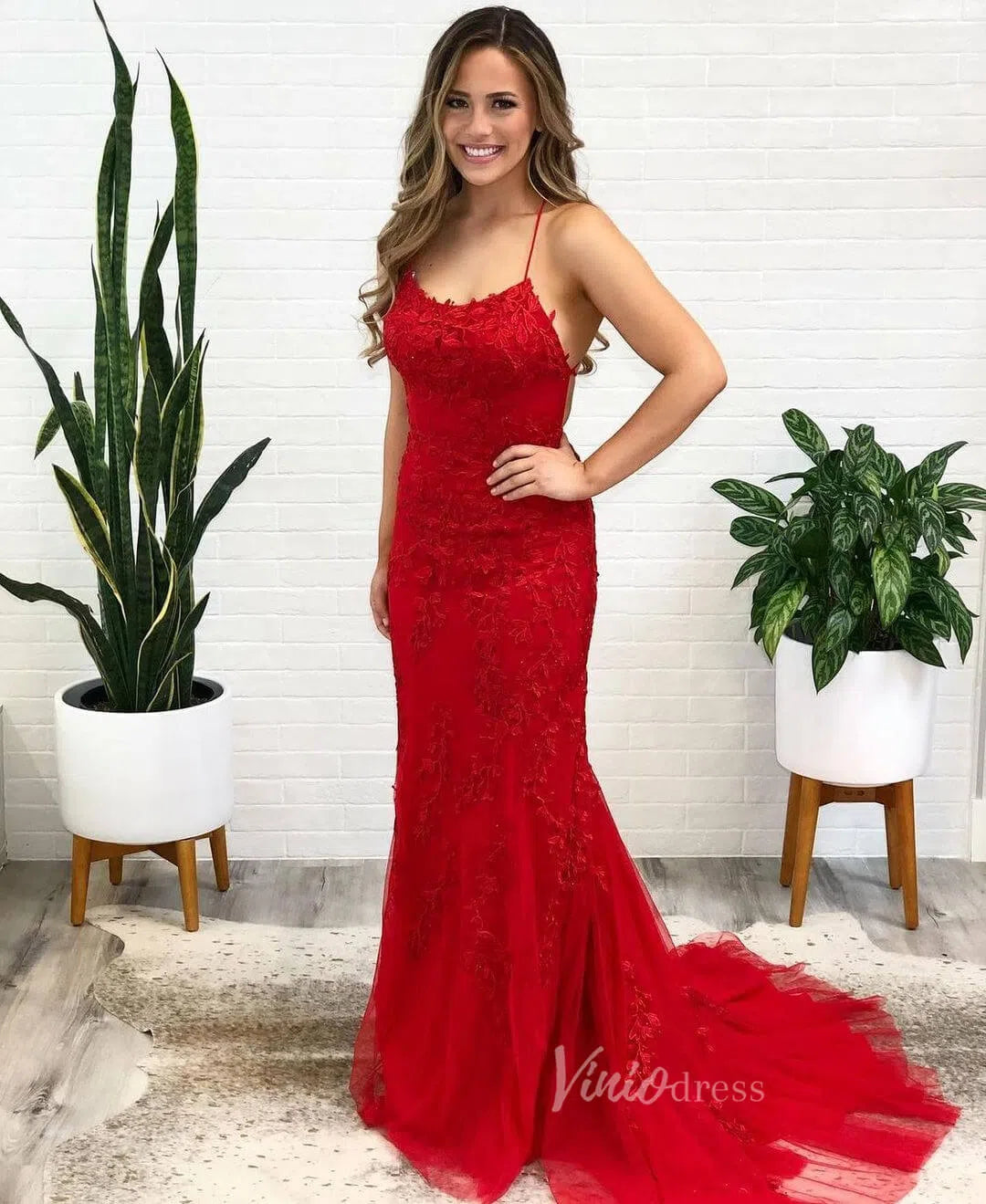 Mermaid Lace Long Prom Dresses Spaghetti Strap FD1250-prom dresses-Viniodress-Viniodress