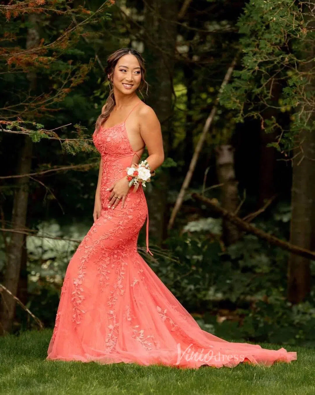 Mermaid Lace Long Prom Dresses Spaghetti Strap FD1250-prom dresses-Viniodress-Coral-Custom Size-Viniodress