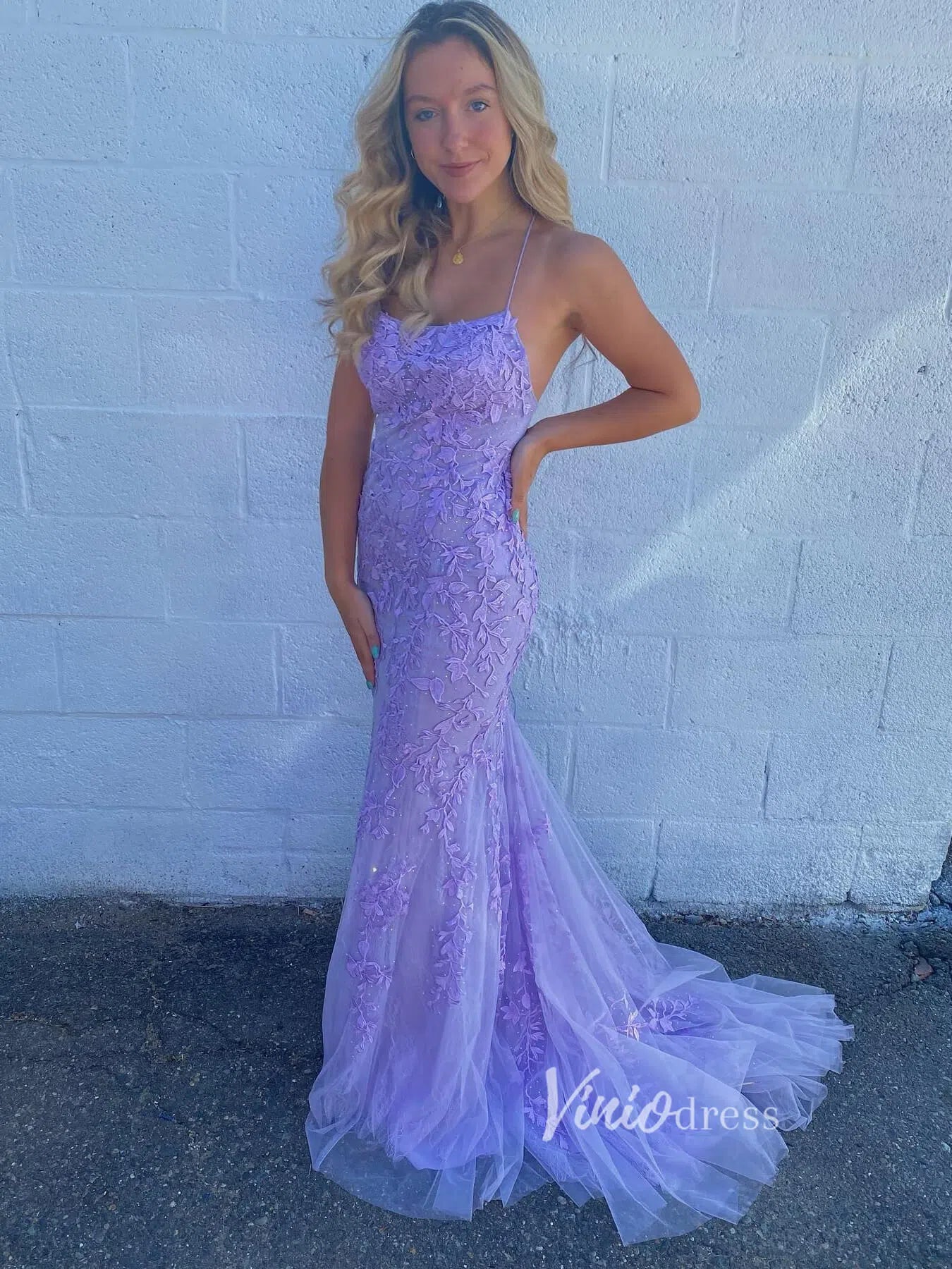 Mermaid Lace Long Prom Dresses Spaghetti Strap FD1250-prom dresses-Viniodress-Lilac-Custom Size-Viniodress