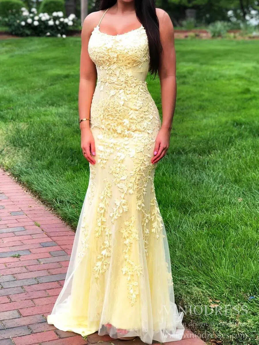 Mermaid Lace Long Prom Dresses Spaghetti Strap FD1250-prom dresses-Viniodress-Yellow-Custom Size-Viniodress