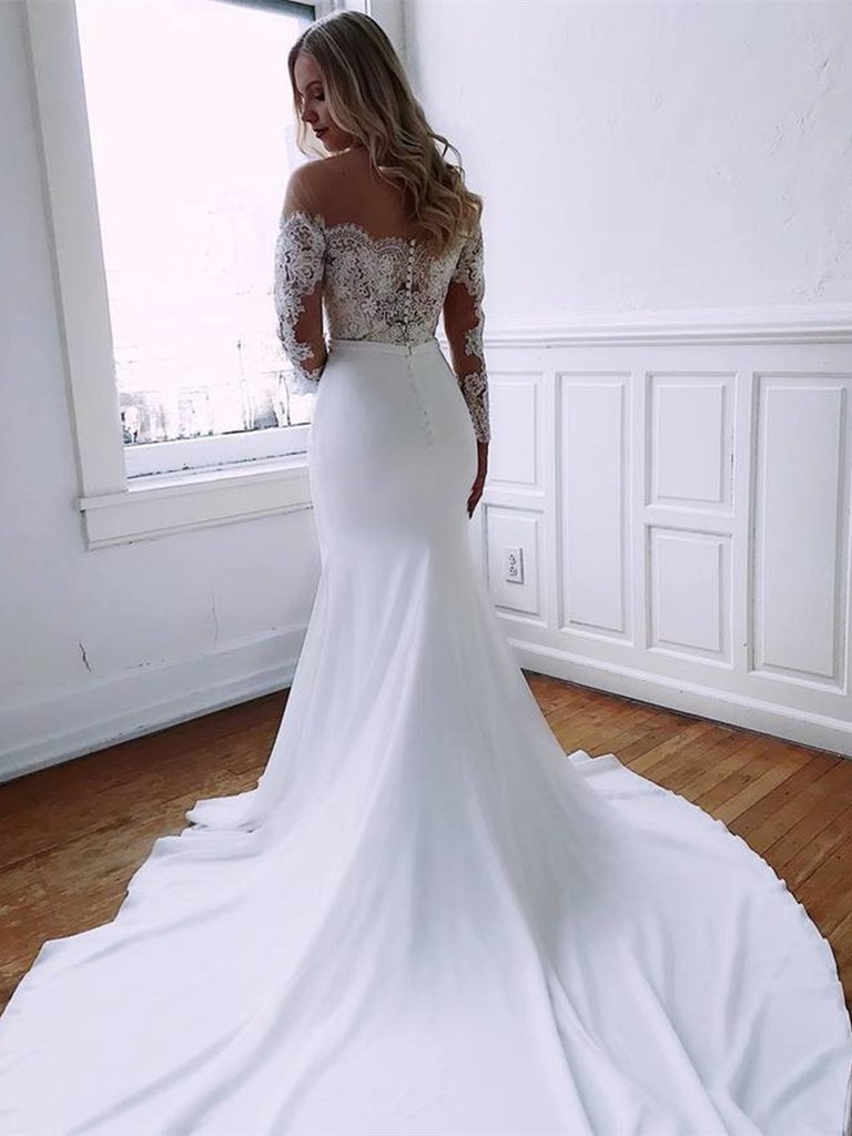 Mermaid Lace Wedding Dresses Bridal Dress with Long Sleeve VW1544-wedding dresses-Viniodress-Viniodress