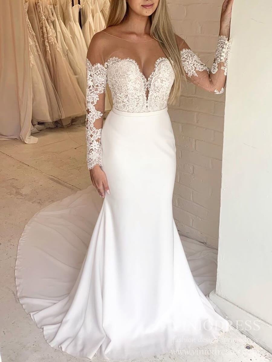 Mermaid Lace Wedding Dresses Bridal Dress with Long Sleeve VW1544-wedding dresses-Viniodress-Ivory-Custom Size-Viniodress