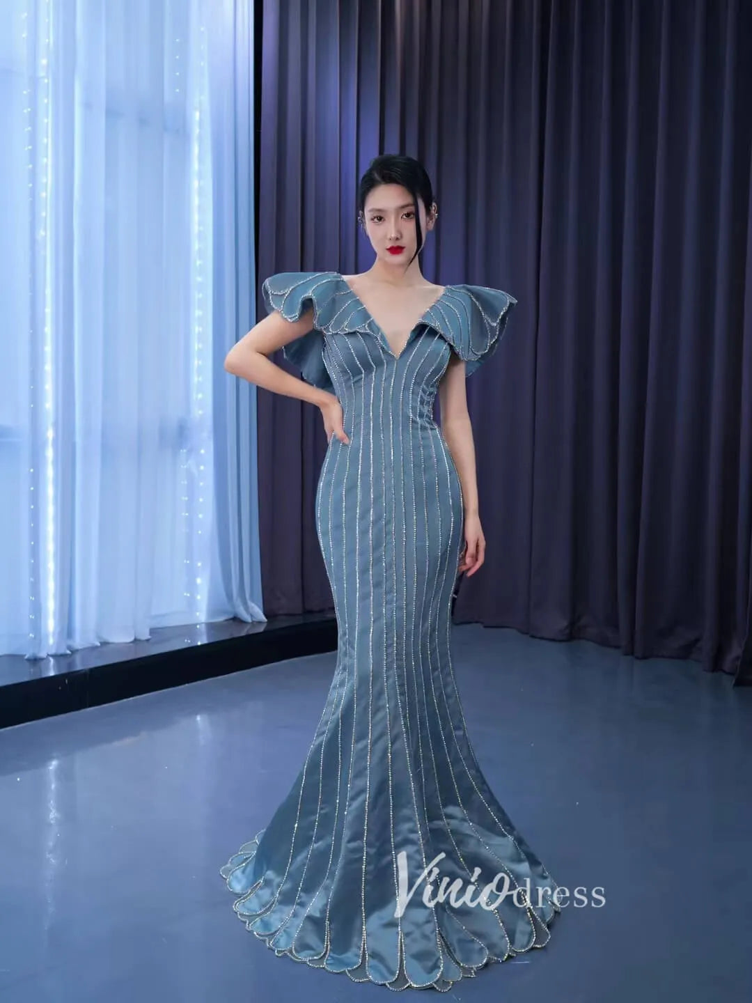 Mermaid Pageant Dress Beaded V-neck Formal Dresses 67524-prom dresses 2025 -Viniodress-As Picture-Custom Size-