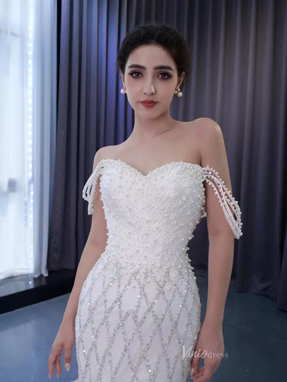 Mermaid Pearl Wedding Dresses Off the Shoulder Bridal Dress 222114-wedding dresses 2025 -Viniodress-Ivory-Custom Size-