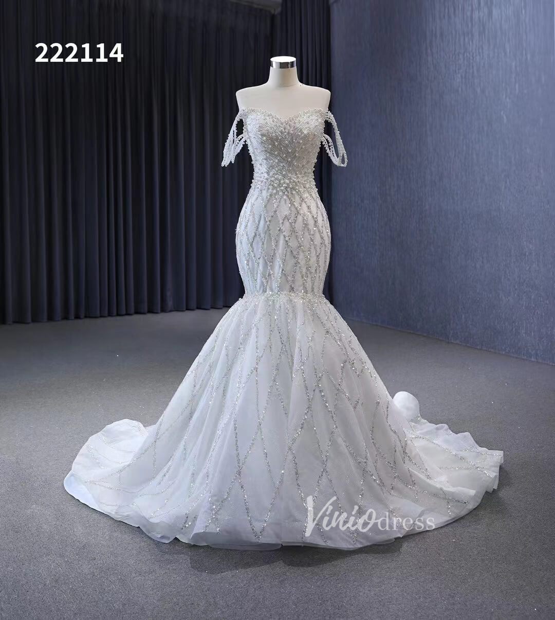 Mermaid Pearl Wedding Dresses Off the Shoulder Bridal Dress 222114-wedding dresses 2025 -Viniodress-Ivory-Custom Size-