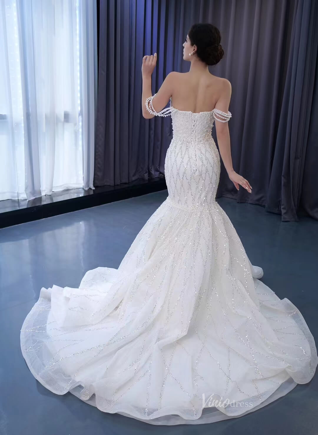 Mermaid Pearl Wedding Dresses Off the Shoulder Bridal Dress 222114-wedding dresses-Viniodress-Viniodress