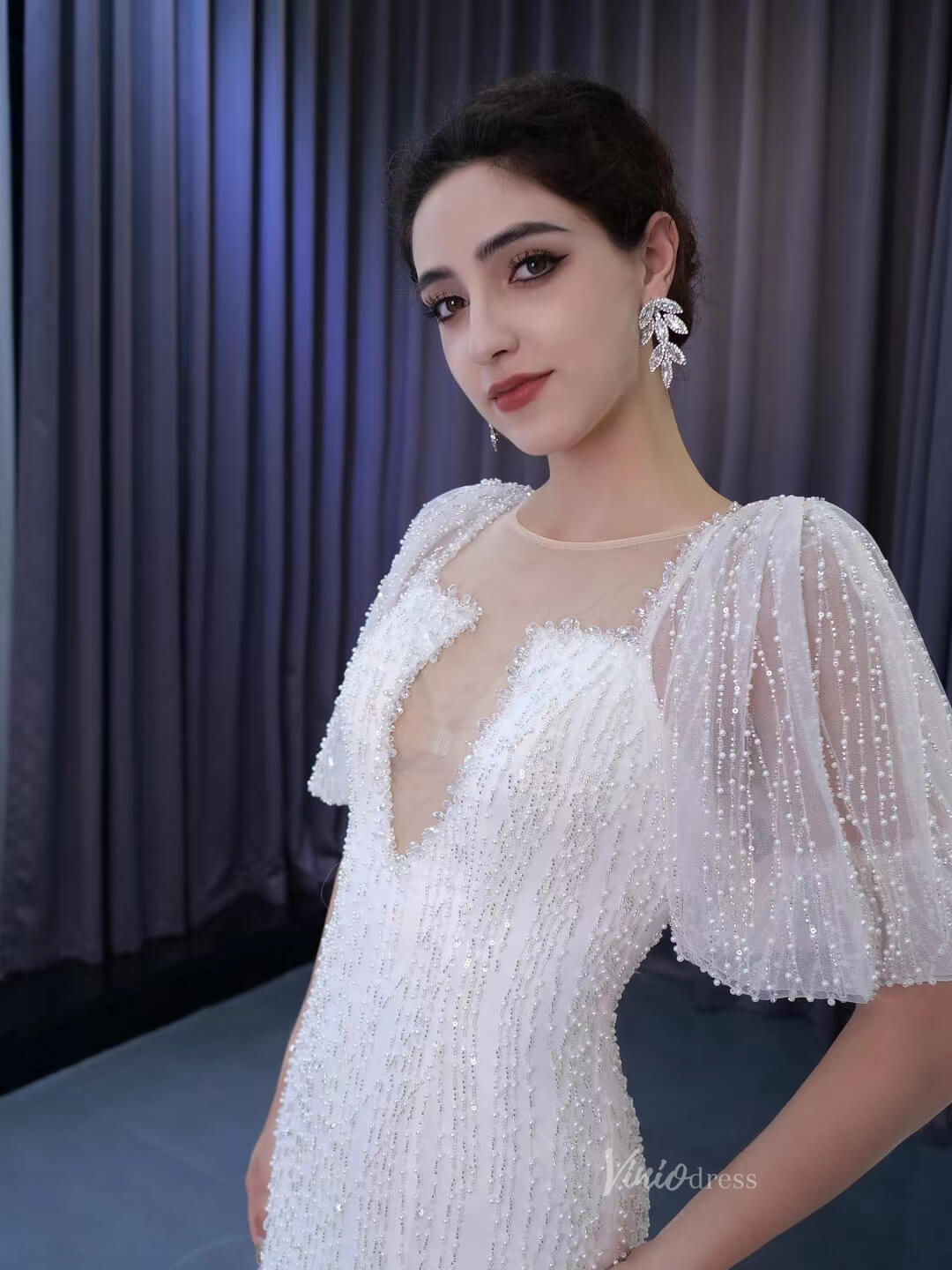 Mermaid Pearl Wedding Dresses Puffed Sleeve Bridal Dress 222238-wedding dresses 2025 -Viniodress-Ivory-Custom Size-