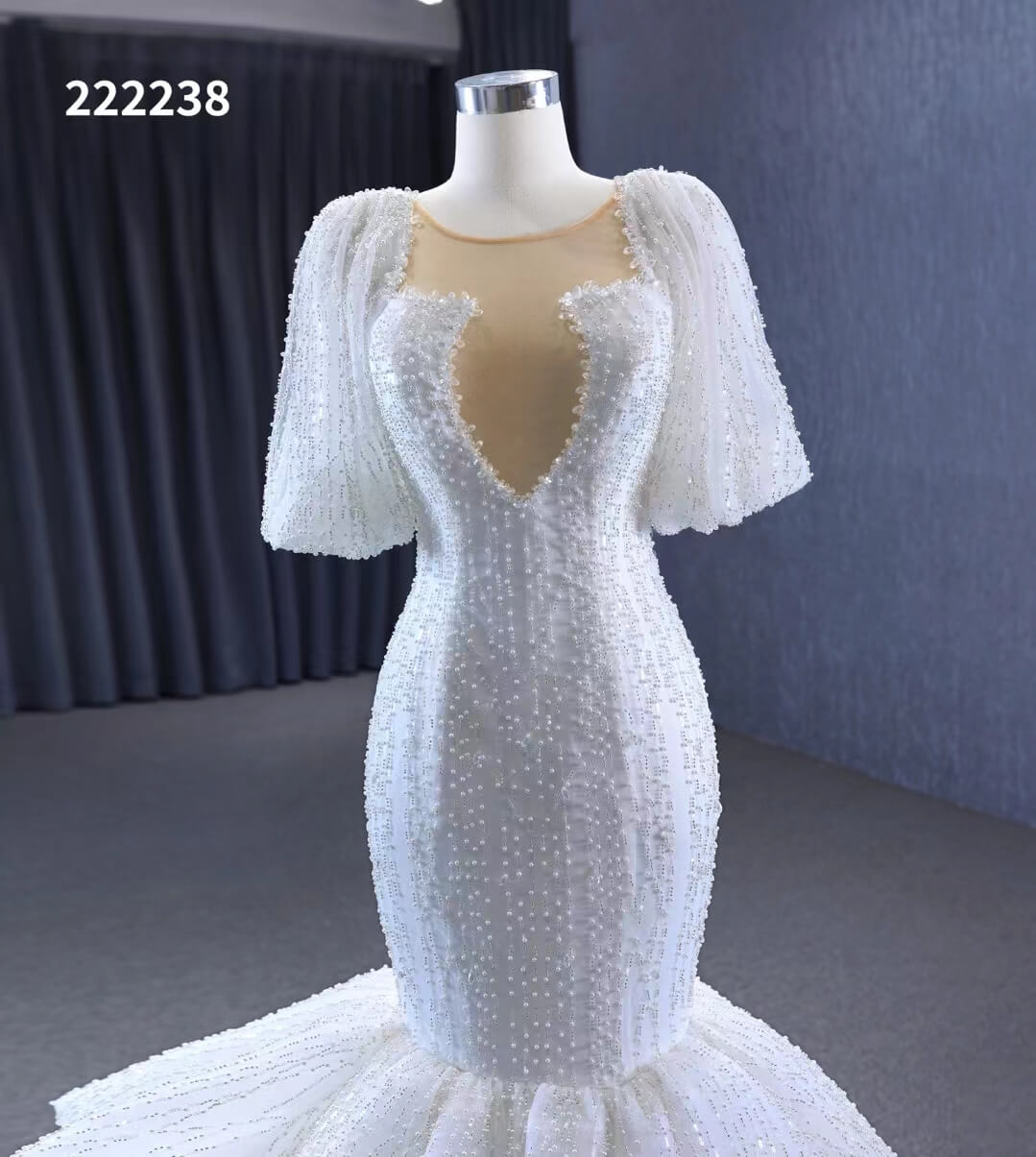 Mermaid Pearl Wedding Dresses Puffed Sleeve Bridal Dress 222238-wedding dresses 2025 -Viniodress-Ivory-Custom Size-