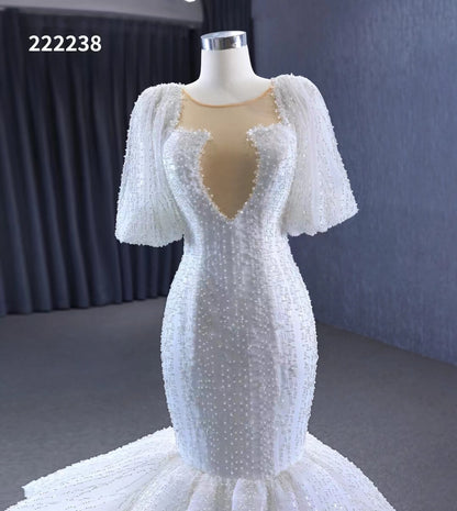 Mermaid Pearl Wedding Dresses Puffed Sleeve Bridal Dress 222238-wedding dresses 2025 -Viniodress-Ivory-Custom Size-