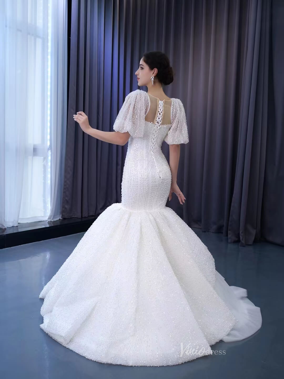 Mermaid Pearl Wedding Dresses Puffed Sleeve Bridal Dress 222238-wedding dresses 2025 -Viniodress-Ivory-Custom Size-