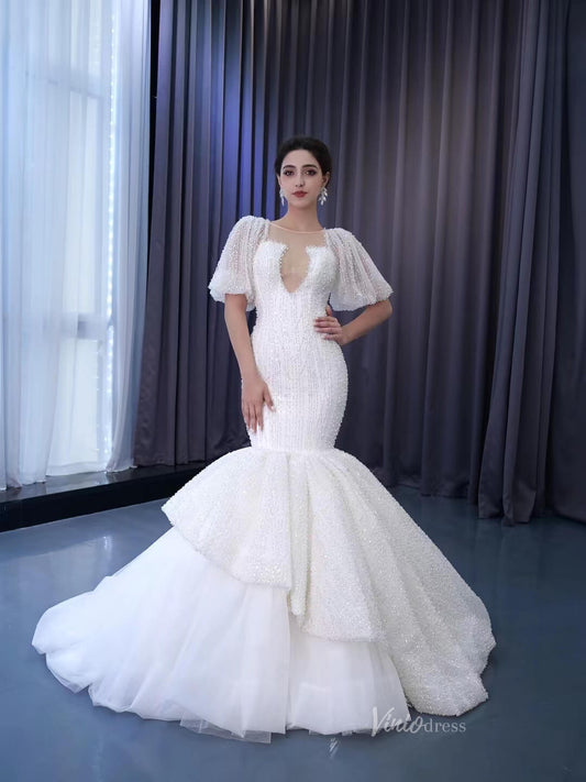 Mermaid Pearl Wedding Dresses Puffed Sleeve Bridal Dress 222238-wedding dresses 2025 -Viniodress-Ivory-Custom Size-