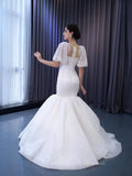 Mermaid Pearl Wedding Dresses Puffed Sleeve Bridal Dress 222238-wedding dresses-Viniodress-Viniodress