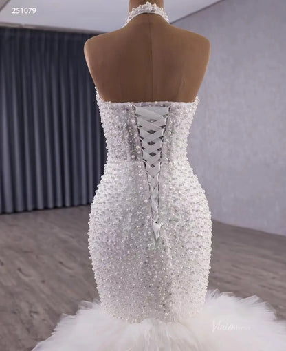 Mermaid Ruffle Wedding Dress | Halter Neck Beaded Bridal Gown with Detachable Shawl & Dramatic Tiered Tail 251079-wedding dresses 2025 -Viniodress-Ivory-Custom Size-