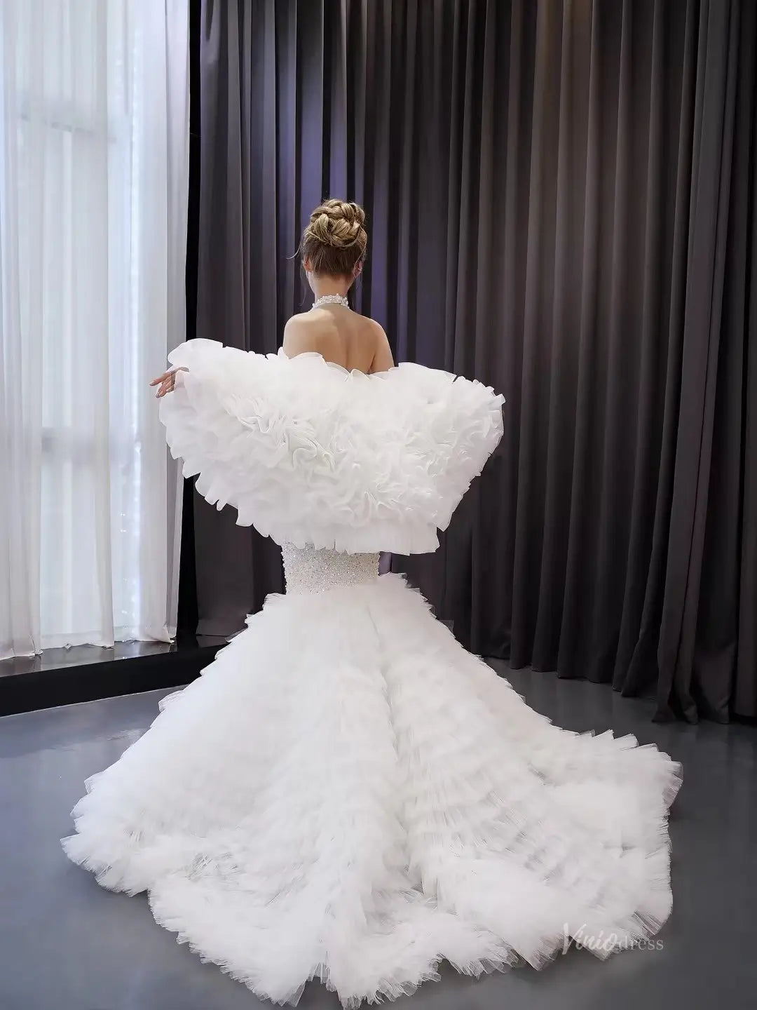 Mermaid Ruffle Wedding Dress | Halter Neck Beaded Bridal Gown with Detachable Shawl & Dramatic Tiered Tail 251079-wedding dresses 2025 -Viniodress-Ivory-Custom Size-