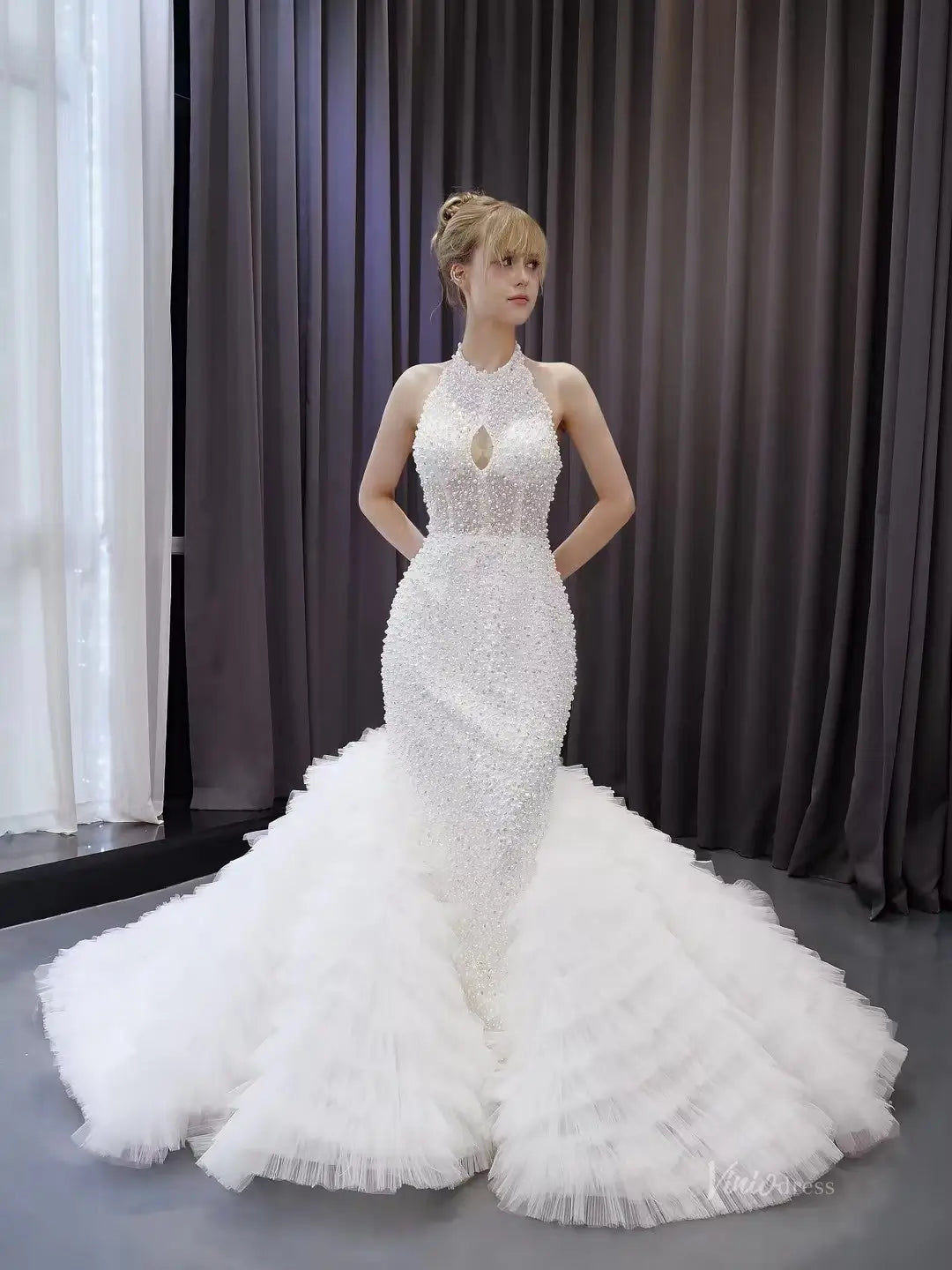 Mermaid Ruffle Wedding Dress | Halter Neck Beaded Bridal Gown with Detachable Shawl & Dramatic Tiered Tail 251079-wedding dresses 2025 -Viniodress-Ivory-Custom Size-
