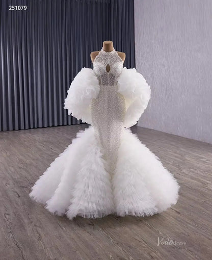 Mermaid Ruffle Wedding Dress | Halter Neck Beaded Bridal Gown with Detachable Shawl & Dramatic Tiered Tail 251079-wedding dresses 2025 -Viniodress-Ivory-Custom Size-