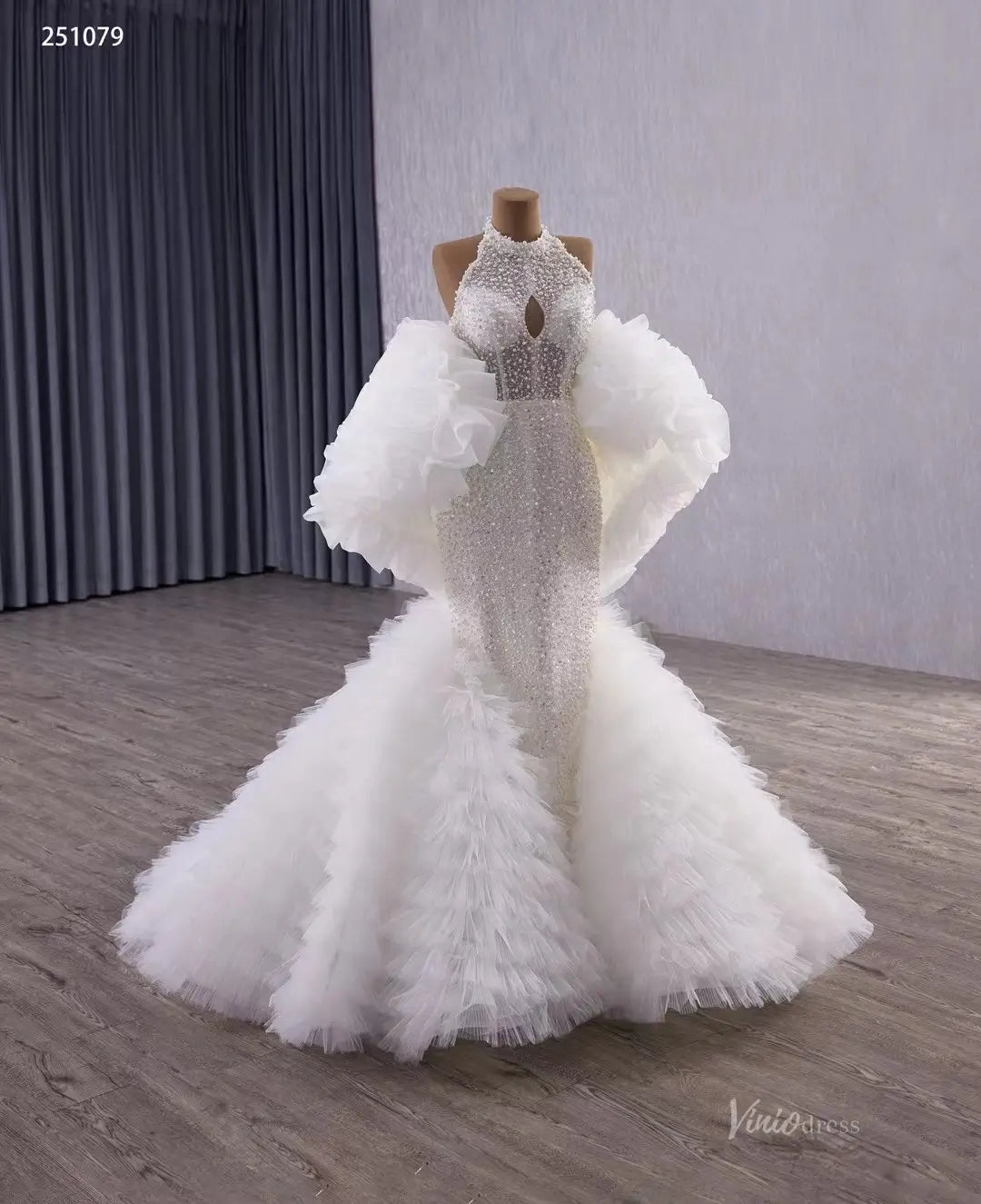 Mermaid Ruffle Wedding Dress | Halter Neck Beaded Bridal Gown with Detachable Shawl & Dramatic Tiered Tail 251079-wedding dresses 2025 -Viniodress-Ivory-Custom Size-