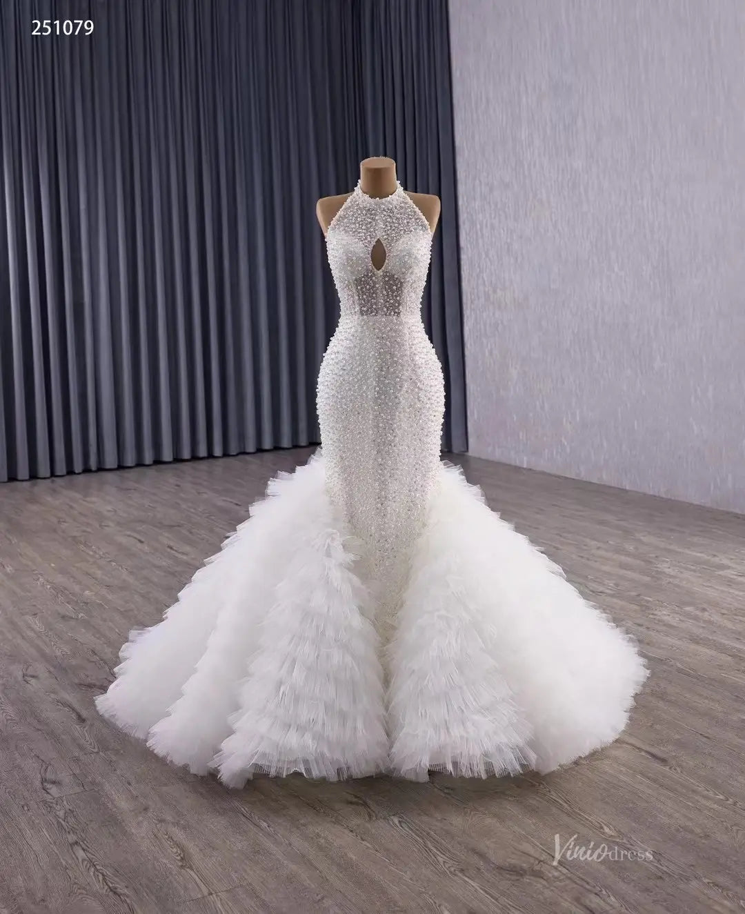 Mermaid Ruffle Wedding Dress | Halter Neck Beaded Bridal Gown with Detachable Shawl & Dramatic Tiered Tail 251079-wedding dresses 2025 -Viniodress-Ivory-Custom Size-