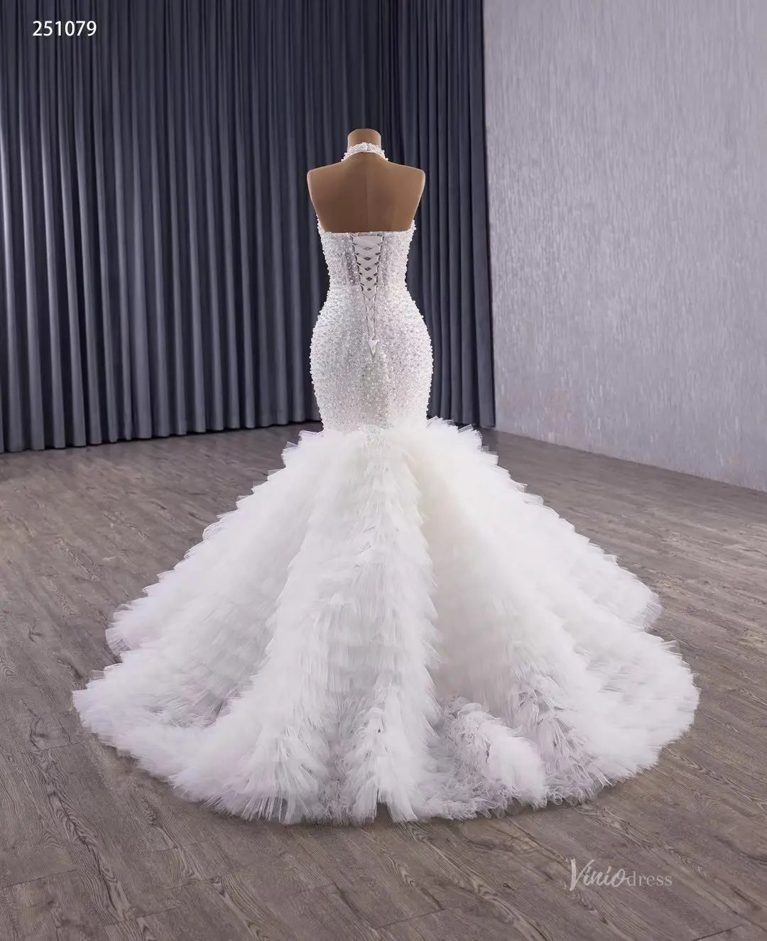 Mermaid Ruffle Wedding Dress | Halter Neck Beaded Bridal Gown with Detachable Shawl & Dramatic Tiered Tail 251079-wedding dresses 2025 -Viniodress-Ivory-Custom Size-